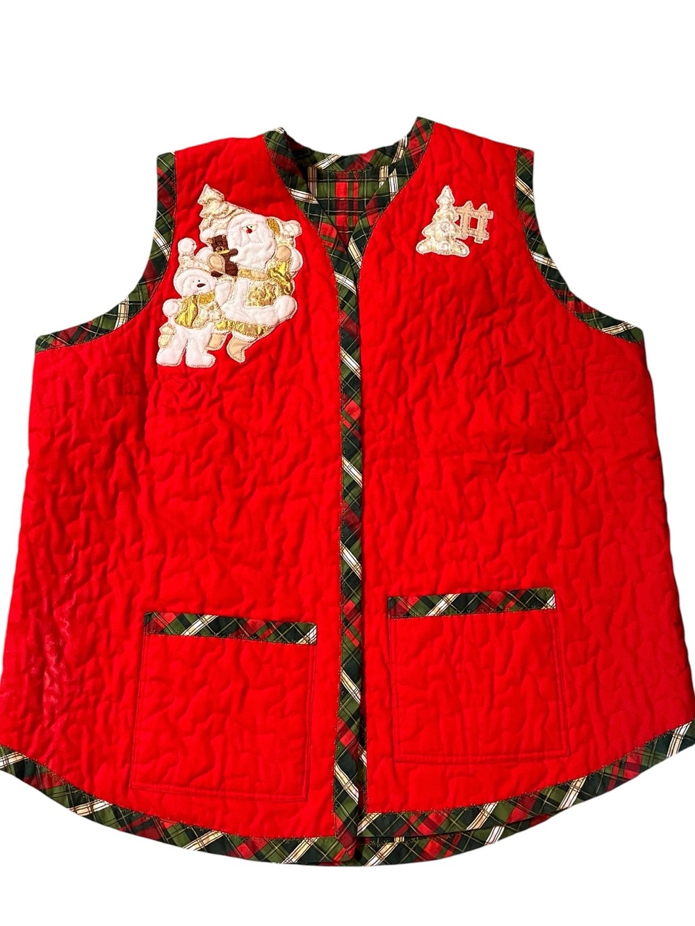 Red Quilted Holiday Vest with Plaid Trim and Festive Appliqués
Handmade
1X